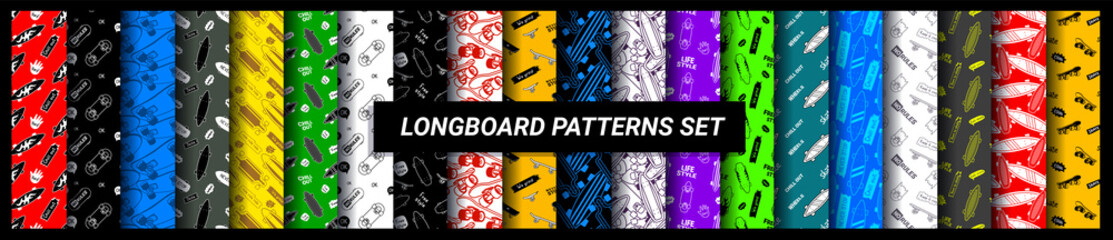 Vector big set of illustration of skateboard on different bright color background. Skateboarding seamless pattern with cartoon skateboard and text frame. Line art style skate background © wowomnom