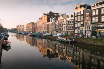 Amsterdam typical buildings with water canals, Netherlands