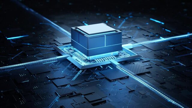 Concept animation shows the process of turning on the CPU in the motherboard. Digital pulses and signals from the chip propagate through the motherboard. 3d rendering.