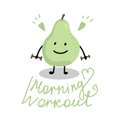 Cute pear goes in for sports. Character with an inscription. Isolated vector illustration.