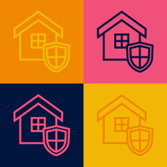 Pop art line House with shield icon isolated on color background. Insurance concept. Security, safety, protection, protect concept. Vector