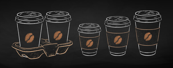 Takeaway paper coffee cups and cup carrier