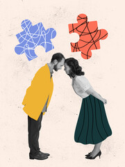 Contemporary art collage. Married couple in retro 70s, 80s styled clothes isolated over light background with drawings, puzzles