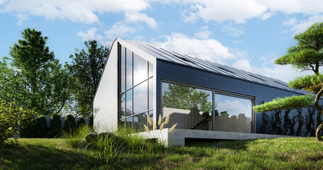 A modern barn-type house with a mezzanine and large windows - 3d render - obrazy, fototapety, plakaty