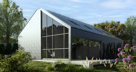 A modern barn-type house with a mezzanine and large windows - 3d render - obrazy, fototapety, plakaty