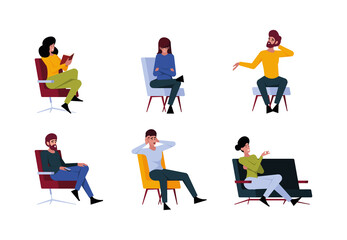 Fototapeta premium People sitting. Characters on chairs sitting at psychotherapy consultation group of persons on sofa garish vector templates in flat style