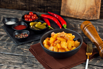 Boiled potatoes with meat in a black bowl. Seasonings and spices on a black wooden table. Ketchup, salt, pepper on an old shabby background.