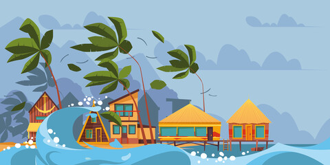 Tsunami background. Water distruction beach buildings weather disaster nature problems environment storm with rain risk for people big crisis garish vector danger tsunami picture - obrazy, fototapety, plakaty