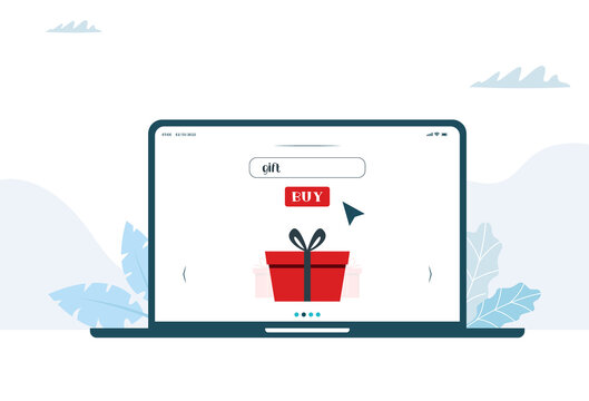 Buying gifts online. Buy with laptop. Vector image