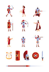 Ancient items. Greek helmets weapons papirus golden cup columns rome characters medieval writers garish vector historical collection