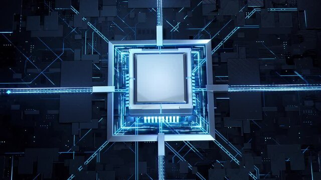 Concept animation shows the process of turning on the CPU in the motherboard. Digital pulses and signals from the chip propagate through the motherboard. 3d rendering.