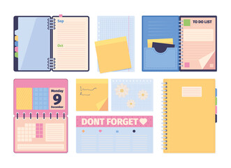 Journal. Planners travel books sketchbooks with paper notes creative diary top view notepad garish vector flat templates collection
