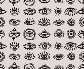 Seamless pattern Evil eye third element hand drawn.Esoteric mystic symbol,authentic icon.