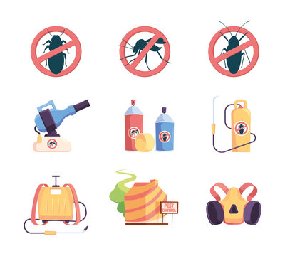Harmful insects. Exterminator professional control air chemical disinfection house pests garish vector flat pictures set collection