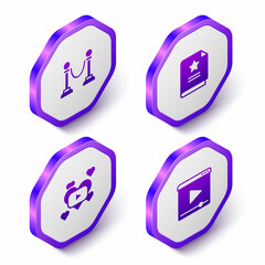 Set Isometric Rope barrier, Scenario, Romantic movie and Online play video icon. Purple hexagon button. Vector