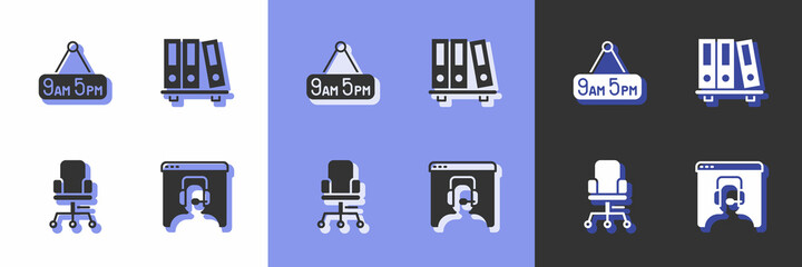 Set Telephone 24 hours support, From 9 to 5 job, Office chair and folders icon. Vector
