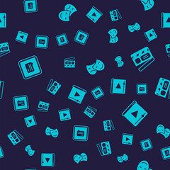 Set Video with subtitles, Movie clapper, Comedy and tragedy masks and Online play video on seamless pattern. Vector