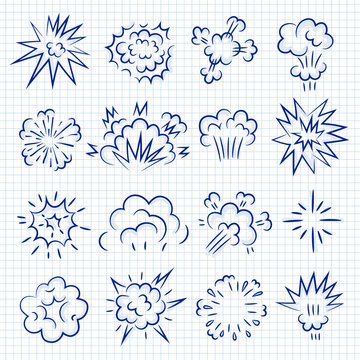 Explosion sketched. Surprise line decoration doodle pictures frame linear shapes design elements recent vector stylized set