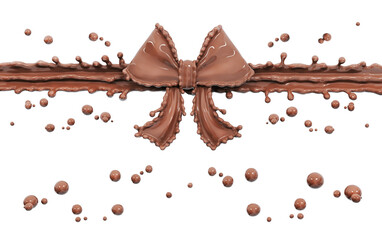Splash chocolate, gift bow, chocolate ribbon, isolated 3d rendering