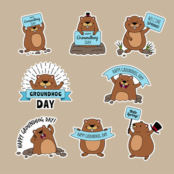 Groundhog day. Ads badges with funny animal happy groundhog symbols of time loop recent vector labels collections with place for text