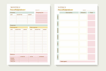 Minimalist printable planner page templates. Monthly, weekly budget planner. Vector graphic set for budget organization.