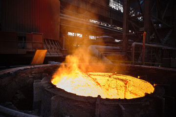 Steel ladle degassing unit VD  VOD. Ladle with hot liquid metal. Steel production. Metallurgy....