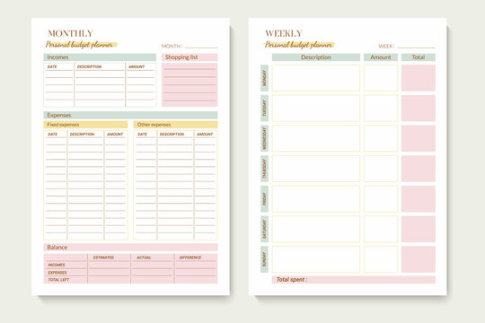 Minimalist printable planner page templates. Monthly, weekly budget planner. Vector graphic set for budget organization.