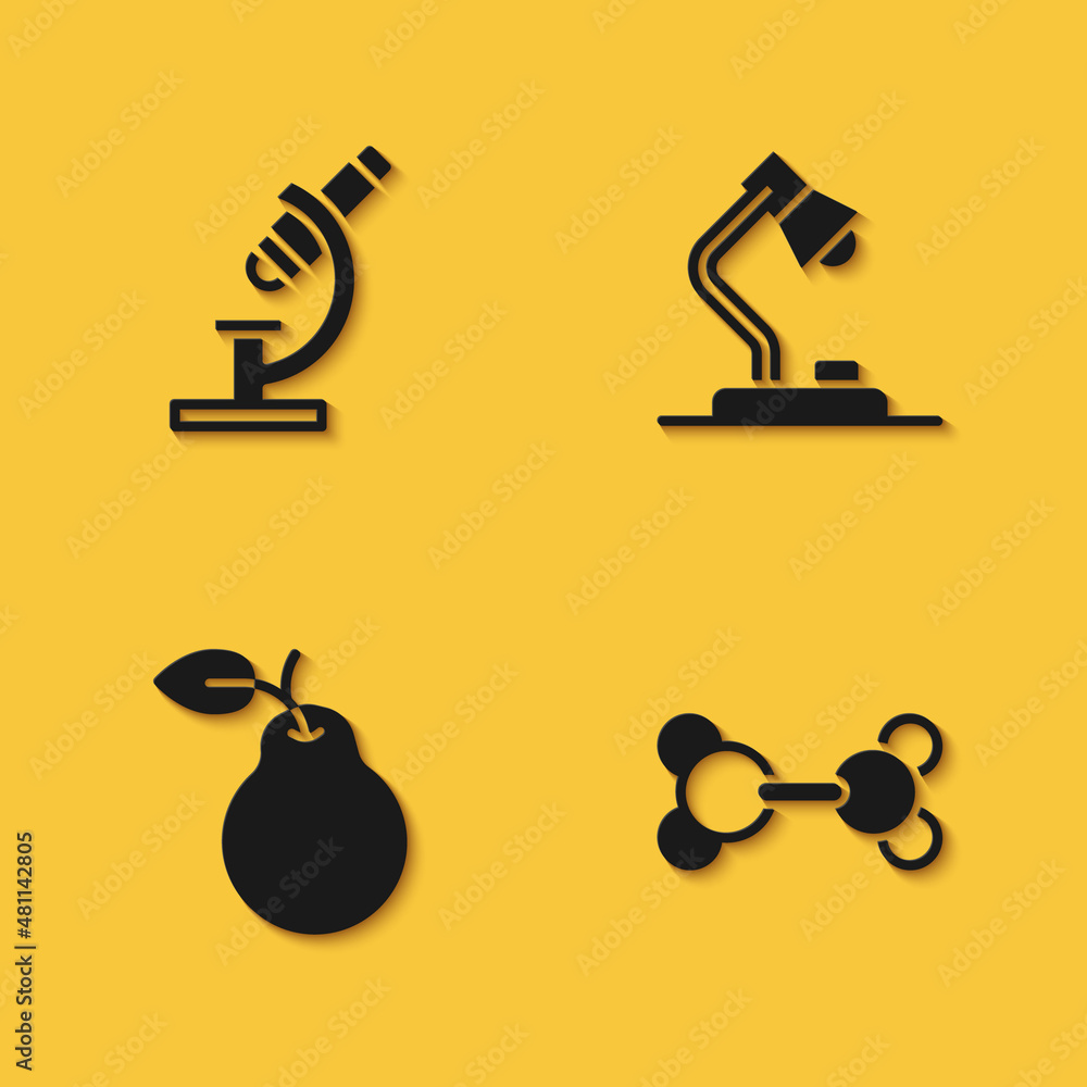 Poster set microscope, molecule, pear and table lamp icon with long shadow. vector