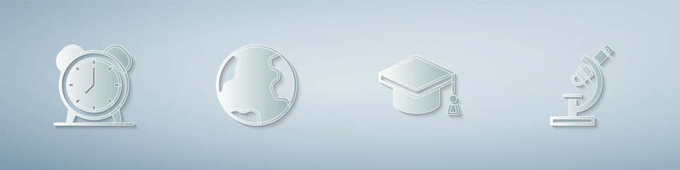 Set Alarm clock, Earth globe, Graduation cap and Microscope. Paper art style. Vector