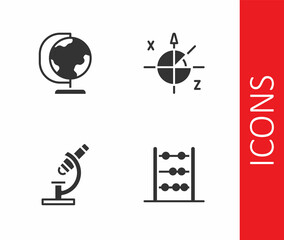 Set Abacus, Earth globe, Microscope and Trigonometric circle icon. Vector
