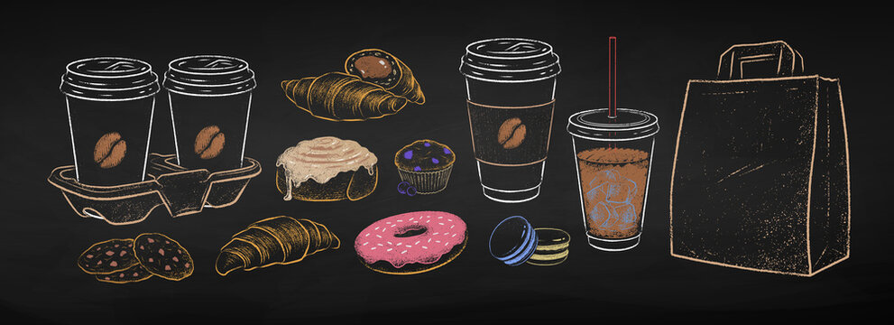 Chalked takeaway Coffee cups and baked desserts - Powered by Adobe
