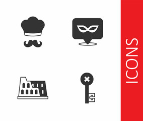 Set Old key, Italian cook, Coliseum and Carnival mask icon. Vector