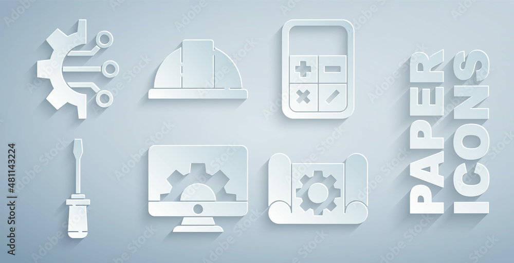 Poster set computer monitor and gear, calculator, screwdriver, graphing paper, worker safety helmet and alg