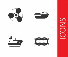 Set Nautical rope knots, Boat propeller, Cargo ship and Jet ski icon. Vector