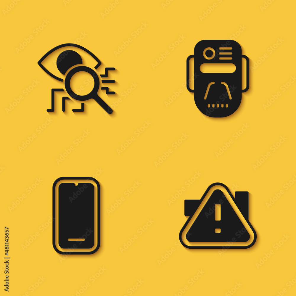 Poster set eye scan, exclamation mark in triangle, mobile phone and artificial intelligence robot icon with