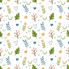 Watercolor seamless pattern branches, flowers, leaves