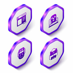 Set Isometric Browser window, Radioactive warning lamp, Artificial intelligence robot and Cloud database icon. Purple hexagon button. Vector