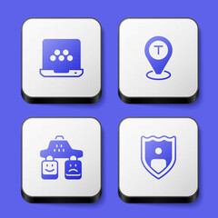Set Taxi mobile app, Location taxi car, service rating and Life insurance with shield icon. White square button. Vector