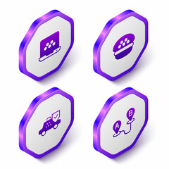 Set Isometric Taxi mobile app, driver cap, car insurance and Route location icon. Purple hexagon button. Vector