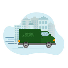 Express delivery truck is carrying parcels on points. Concept online map, tracking, service. Vector illustration.