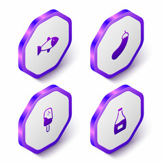 Set Isometric Fish, Eggplant, Ice cream and Sauce bottle icon. Purple hexagon button. Vector