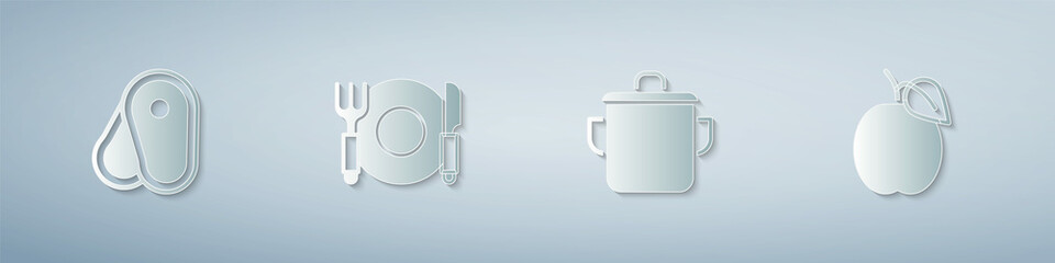 Set Steak meat, Plate, fork and knife, Cooking pot and Plum fruit. Paper art style. Vector