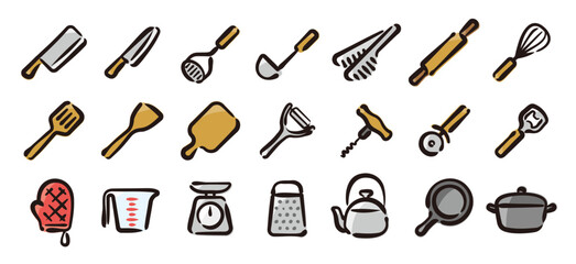 Kitchen tool icon set for graphic (Hand-drawn line, colored version)
