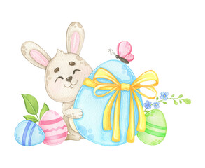 Easter Bunny with Easter Eggs and Spring Flowers, Illustration on a White Background