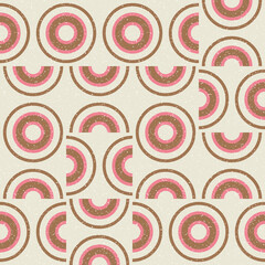 Modern vector abstract seamless geometric pattern with semicircles and circles in retro scandinavian style. Pastel colored simple shapes with separate worn out texture.
