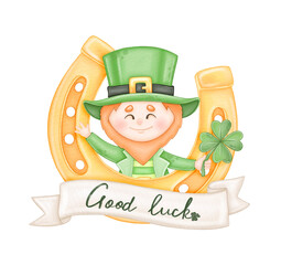 Saint patrick and horseshoe, luck, leprechaun, watercolor illustration
