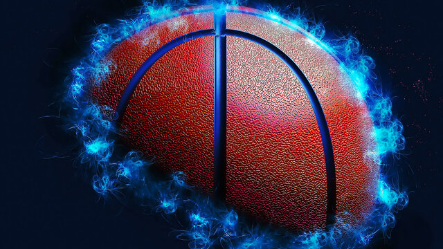 Energetic Brown-Black Leather Basketball with blue flare smoke under black background. 3D illustration. 3D high quality rendering.