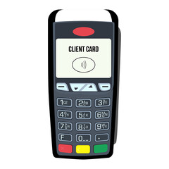 Vector pos terminal on transparent background. Cashless payment by card.