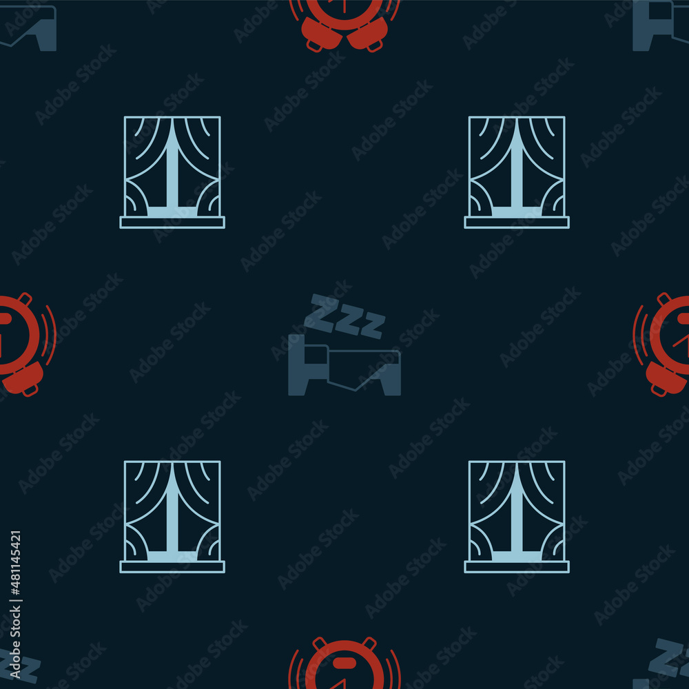 Poster set alarm clock, time to sleep and window with curtains on seamless pattern. vector