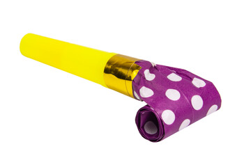 Party blowout noisemaker violet color dots horn isolated on the white background - obrazy, fototapety, plakaty